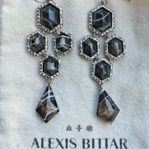 Alexis Bittar Chandelier Drop Earrings Black Gray Sardonyx Stone Crystals New